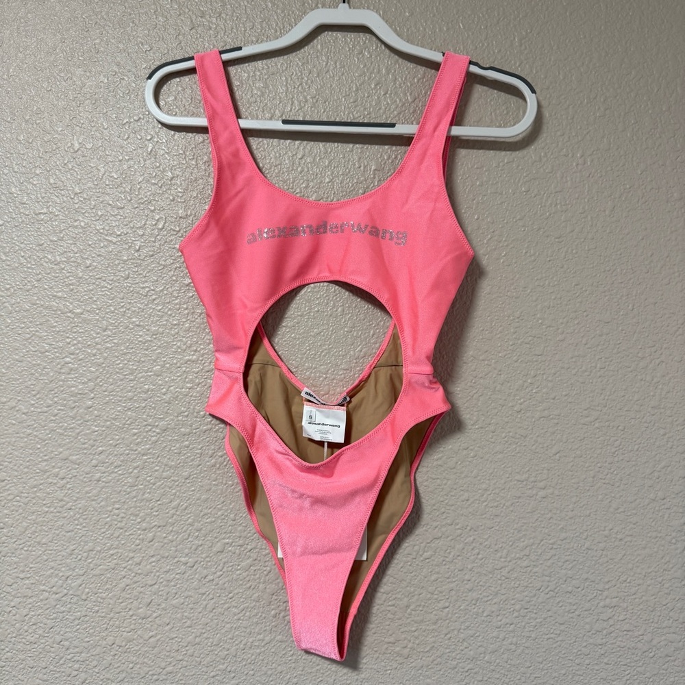 NWT Alexander Wang Rhinestone Logo Cutout Swimsuit Neon Pink One Piece Size S - Picture 4 of 10